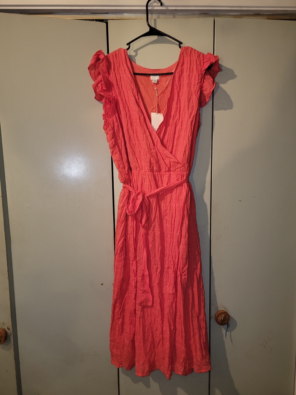 a new day Coral Wrap Midi Dress with Ruffle Sleeves